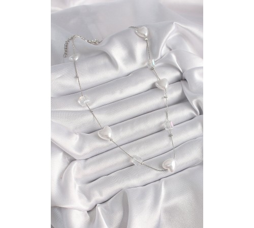 Pirinç Gümüş Renk Beyaz İnci Kalp Model Kadın Kolye