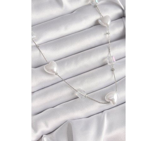 Pirinç Gümüş Renk Beyaz İnci Kalp Model Kadın Kolye