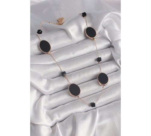 Pirinç Gold Renk Siyah Renk Oval Siyah Küp Detay Kadın Kolye