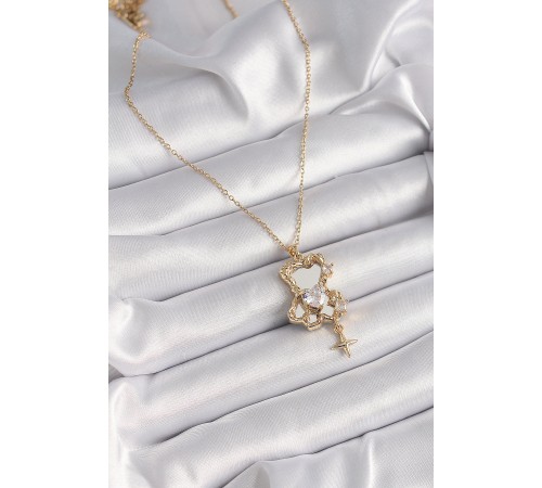 316L Çelik Gold Renk Zincir Ayna Ayıcık Model Zirkon Taşlı Kalp Model Kadın Kolye