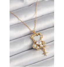 316L Çelik Gold Renk Zincir Ayna Ayıcık Model Zirkon Taşlı Kalp Model Kadın Kolye