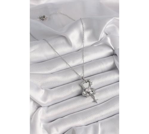 316L Çelik Gümüş Renk Ayna Ayıcık Model Zirkon Taşlı Kalp Detay Kadın Kolye