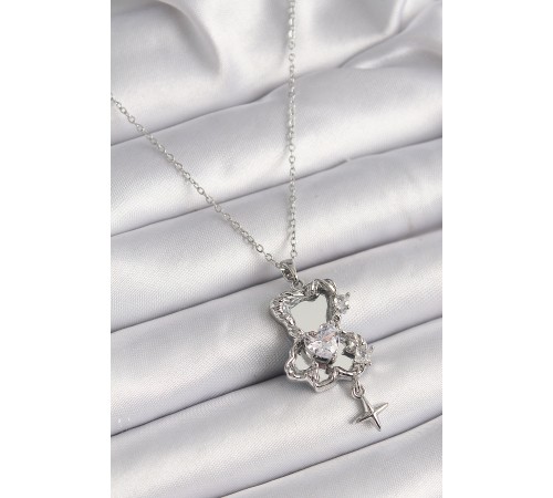 316L Çelik Gümüş Renk Ayna Ayıcık Model Zirkon Taşlı Kalp Detay Kadın Kolye