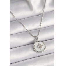 316L Çelik Gümüş Renk Zincir Beyaz Sedefli Zirkon Taşlı Yıldız İşleme Model Kadın Kolye