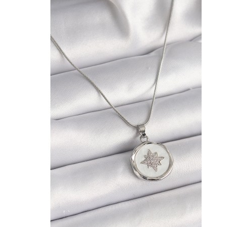 316L Çelik Gümüş Renk Zincir Beyaz Sedefli Zirkon Taşlı Yıldız İşleme Model Kadın Kolye