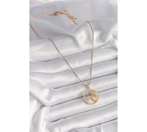 316L Çelik Gold Renk Zincir Zirkon Taşlı Yıldız İşleme Madalyon Model Kadın Kolye