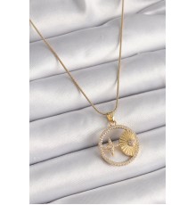 316L Çelik Gold Renk Zincir Zirkon Taşlı Yıldız İşleme Madalyon Model Kadın Kolye