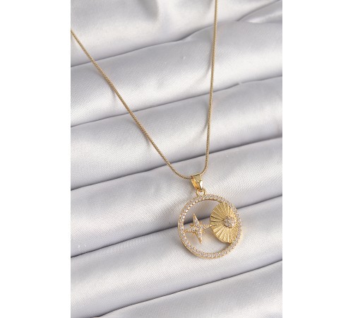 316L Çelik Gold Renk Zincir Zirkon Taşlı Yıldız İşleme Madalyon Model Kadın Kolye