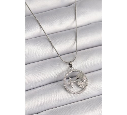 316L Çelik Gümüş Renk Zincir Zirkon Taşlı Yıldız Madalyon Model Kadın Kolye