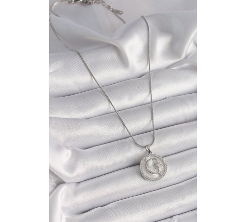 316L Çelik Gümüş Renk Zincir Zirkon Taş Detaylı Beyaz Sedefli Ay Yıldız İşleme Kadın Kolye