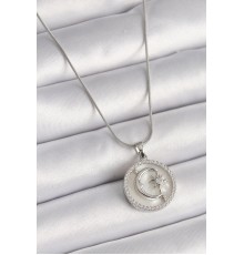 316L Çelik Gümüş Renk Zincir Zirkon Taş Detaylı Beyaz Sedefli Ay Yıldız İşleme Kadın Kolye