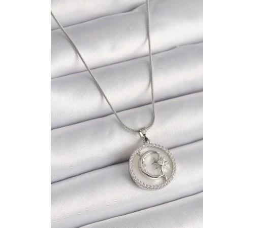 316L Çelik Gümüş Renk Zincir Zirkon Taş Detaylı Beyaz Sedefli Ay Yıldız İşleme Kadın Kolye