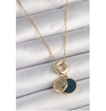 316L Çelik Gold Renk Zincir Zirkon Taşlı Kalp Model Mavi Simli Kadın Kolye