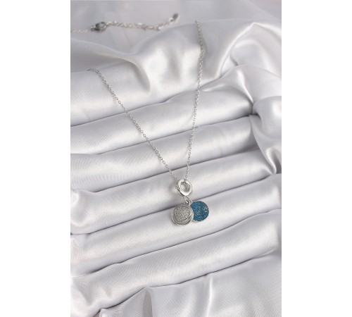 316L Çelik Gümüş Renk Zincir Zirkon Taşlı İşleme Mavi Simli Kadın Kolye