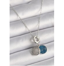 316L Çelik Gümüş Renk Zincir Zirkon Taşlı İşleme Mavi Simli Kadın Kolye