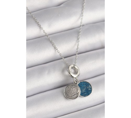 316L Çelik Gümüş Renk Zincir Zirkon Taşlı İşleme Mavi Simli Kadın Kolye