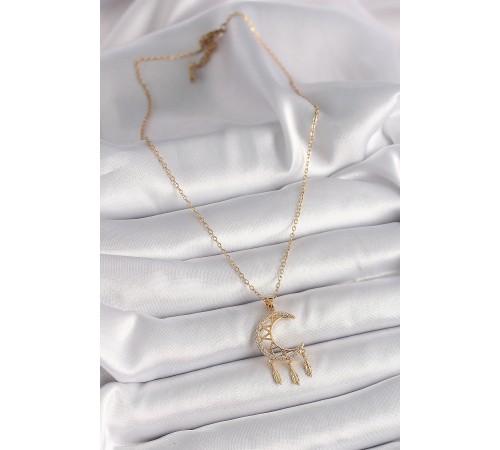 316L Çelik Gold Renk Zincir Zirkon Taşlı Hilal Model Sallantı Yaprak Detay Kadın Kolye