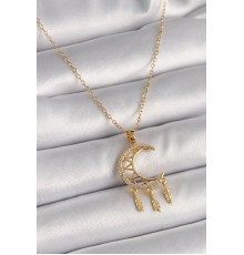 316L Çelik Gold Renk Zincir Zirkon Taşlı Hilal Model Sallantı Yaprak Detay Kadın Kolye