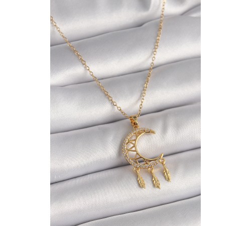 316L Çelik Gold Renk Zincir Zirkon Taşlı Hilal Model Sallantı Yaprak Detay Kadın Kolye