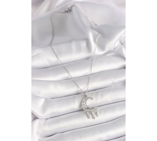316L Çelik Gümüş Renk Zincir Zirkon Taşlı Hilal Model Sallantı Yaprak Detay Kadın Kolye