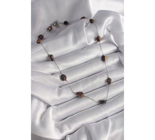 316L Çelik Gümüş Renk Zincir Kahverengi Doğaltaş Model Kadın Kolye