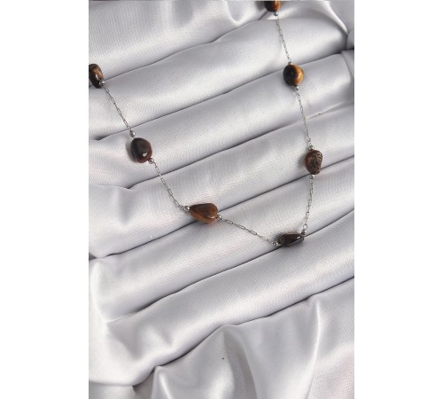 316L Çelik Gümüş Renk Zincir Kahverengi Doğaltaş Model Kadın Kolye