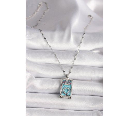 316L Çelik Gümüş Renk Pembe Zirkon Taşlı Taç Kalp Portre Model Kadın Kole