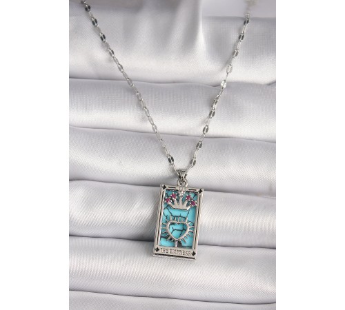 316L Çelik Gümüş Renk Pembe Zirkon Taşlı Taç Kalp Portre Model Kadın Kole