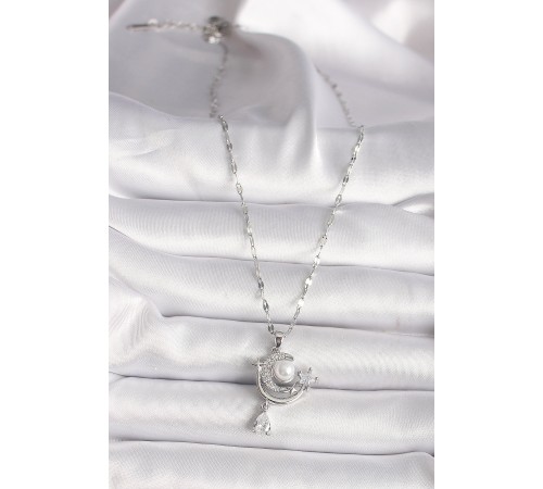 316L Çelik Gümüş Renk Zirkon Taşlı Ay Yıldız Sallantı Detay Kadın Kolye