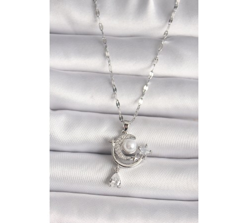 316L Çelik Gümüş Renk Zirkon Taşlı Ay Yıldız Sallantı Detay Kadın Kolye