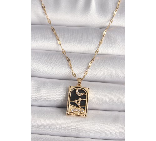 316L Çelik Gold Renk Zirkon Taşlı Ay Figürlü Tarot Model Kadın Kolye