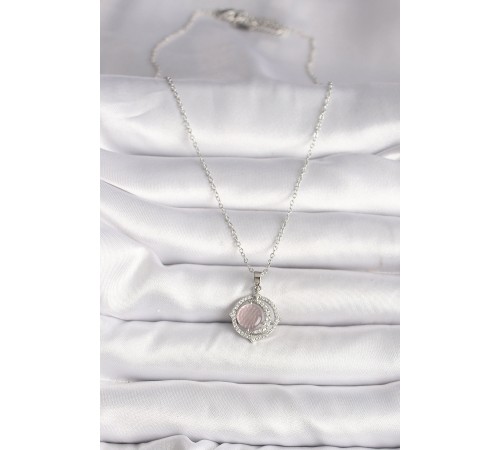 316L Çelik Gümüş Renk Zirkon Taşlı Pembe Sedefli Hilal Model Kadın Kolye