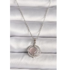 316L Çelik Gümüş Renk Zirkon Taşlı Pembe Sedefli Hilal Model Kadın Kolye