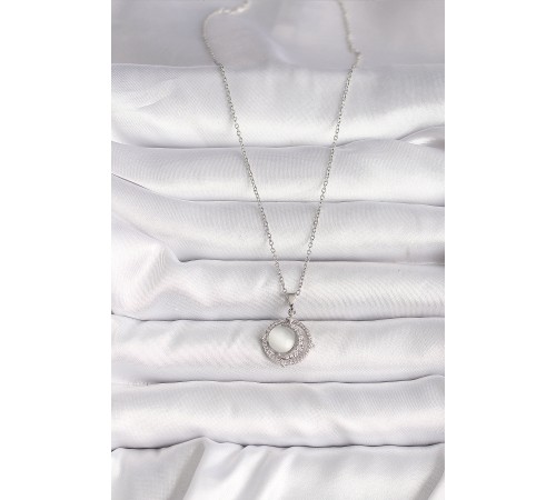 316L Çelik Gümüş Renk Zirkon Taşlı Beyaz Sedefli Hilal Model Kadın Kolye