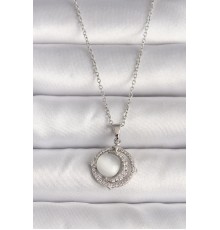 316L Çelik Gümüş Renk Zirkon Taşlı Beyaz Sedefli Hilal Model Kadın Kolye