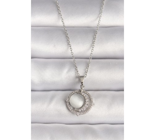 316L Çelik Gümüş Renk Zirkon Taşlı Beyaz Sedefli Hilal Model Kadın Kolye