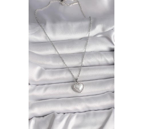 316L Çelik Gümüş Renk Zincir 3D İnci Kalp Model Kadın Kolye