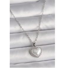 316L Çelik Gümüş Renk Zincir 3D İnci Kalp Model Kadın Kolye