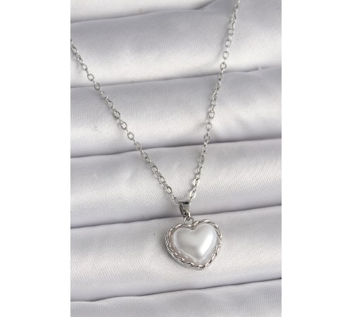 316L Çelik Gümüş Renk Zincir 3D İnci Kalp Model Kadın Kolye
