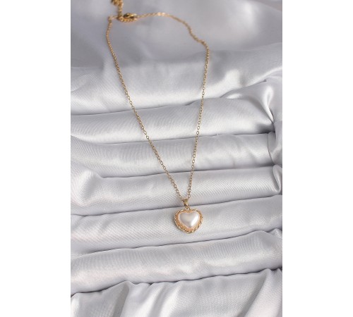 316L Çelik Gold Renk Zincir 3D İnci Kalp Model Kadın Kolye