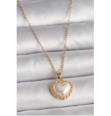 316L Çelik Gold Renk Zincir 3D İnci Kalp Model Kadın Kolye