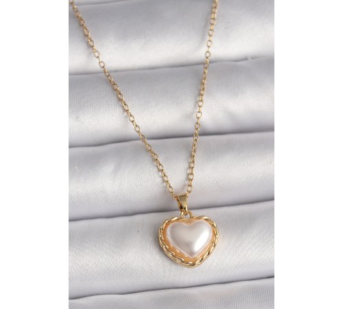 316L Çelik Gold Renk Zincir 3D İnci Kalp Model Kadın Kolye