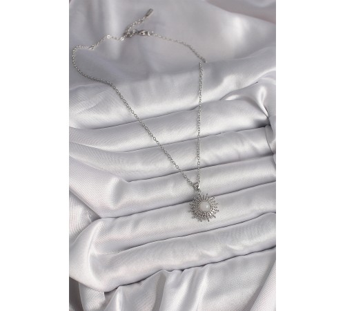 316L Çelik Gümüş Renk Zincir Beyaz Mineli Güneş Model Kadın Kolye