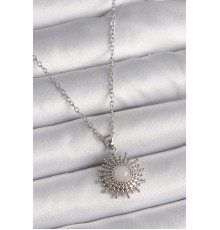 316L Çelik Gümüş Renk Zincir Beyaz Mineli Güneş Model Kadın Kolye