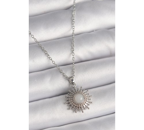 316L Çelik Gümüş Renk Zincir Beyaz Mineli Güneş Model Kadın Kolye