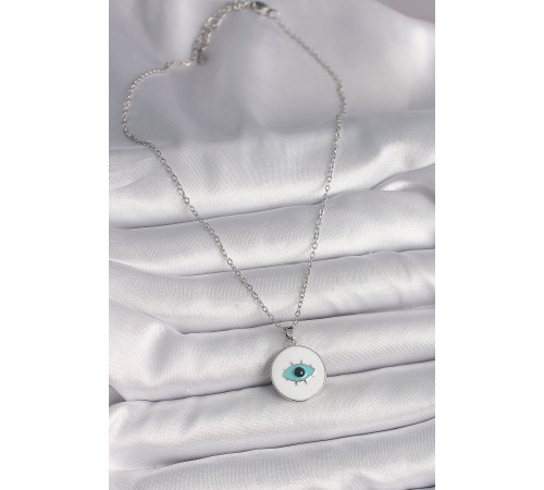 316L Çelik Gümüş Renk Zincir Beyaz Mineli Turkuaz Göz İşleme Model Kadın Kolye