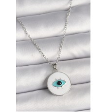316L Çelik Gümüş Renk Zincir Beyaz Mineli Turkuaz Göz İşleme Model Kadın Kolye