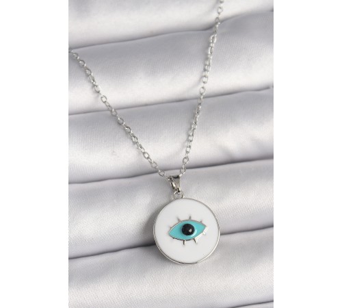 316L Çelik Gümüş Renk Zincir Beyaz Mineli Turkuaz Göz İşleme Model Kadın Kolye