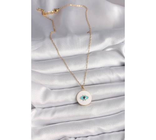 316L Çelik Gold Renk Zincir Beyaz Mineli Turkuaz Göz İşleme Model Kadın Kolye