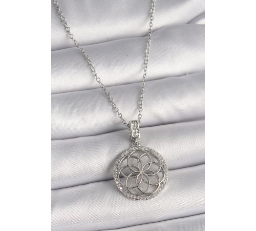 316L Çelik Gümüş Renk Zincir Zirkon Taşlı Lotus Model Kadın Kolye